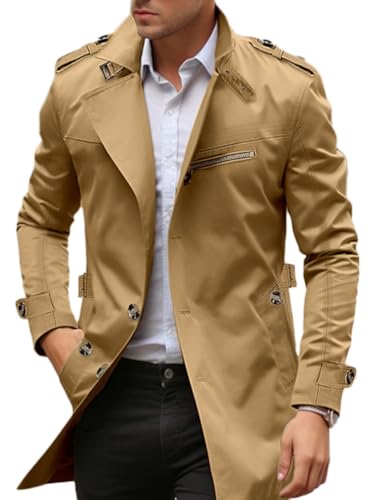 Oanviso Mantel Herren Lang Wintermantel Slim Fit Elegant Business Trenchcoat Outwear Übergangsjacke Mit Gürtel Jacken Mode Reverskragen Parka Mantel mit Taschen A Dunkelkhaki S von Oanviso