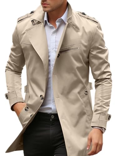 Oanviso Mantel Herren Lang Wintermantel Slim Fit Elegant Business Trenchcoat Outwear Übergangsjacke Mit Gürtel Jacken Mode Reverskragen Parka Mantel mit Taschen A Khaki XL von Oanviso