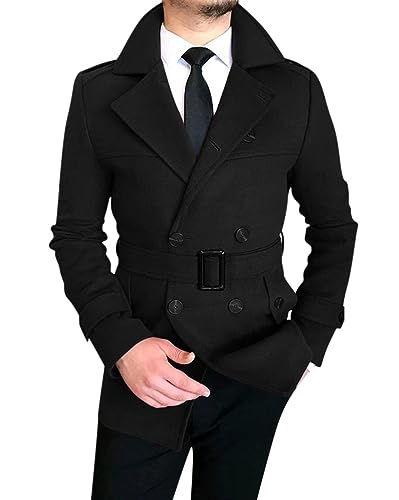 Oanviso Mantel Herren Trenchcoat mit Gürtel Mäntel Mittellang Jacken Wintermantel mit Revers Zweireihiger Knöpfen Arbeitsjacke Herbst Wollmantel Windbreaker Freizeitjacke Männer A Schwarz M von Oanviso