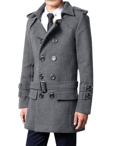 Oanviso Mantel Herren Trenchcoat mit Gürtel Mäntel Mittellang Jacken Wintermantel mit Revers Zweireihiger Knöpfen Arbeitsjacke Herbst Wollmantel Windbreaker Freizeitjacke Männer C Grau S von Oanviso