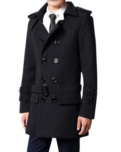 Oanviso Mantel Herren Trenchcoat mit Gürtel Mäntel Mittellang Jacken Wintermantel mit Revers Zweireihiger Knöpfen Arbeitsjacke Herbst Wollmantel Windbreaker Freizeitjacke Männer C Schwarz XS von Oanviso