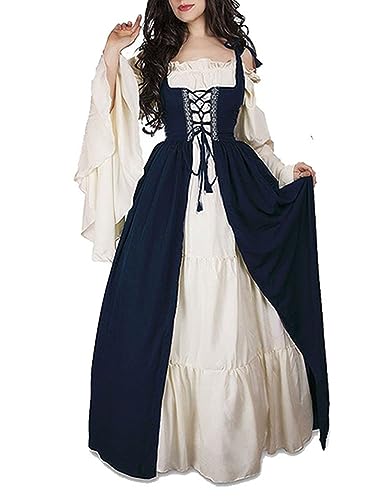 Oanviso Mittelalter Kleid Damen Renaissance Kleid Langarm Halloween Karneval Kostüm Party Cosplay Vintage Mittelalterkleid Gothic Retro Kleidung Maxikleid Oversized A Dunkelblau M von Oanviso