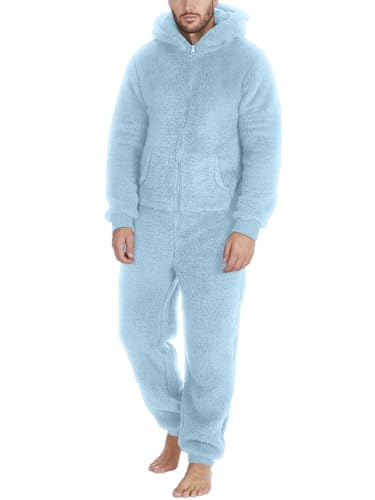 Oanviso Onesie Schlafanzug Herren Reißverschluss Jumpsuit Winter Warm Plüsch Overall Lang Einfarbig Pyjama Kuschelig Lustig Schlafoverall Hausanzug Mit Tasche Lässiger Cosplay Pyjama A Hellblau M von Oanviso