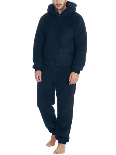 Oanviso Onesie Schlafanzug Herren Reißverschluss Jumpsuit Winter Warm Plüsch Overall Lang Einfarbig Pyjama Kuschelig Lustig Schlafoverall Hausanzug Mit Tasche Lässiger Cosplay Pyjama A Marineblau XS von Oanviso