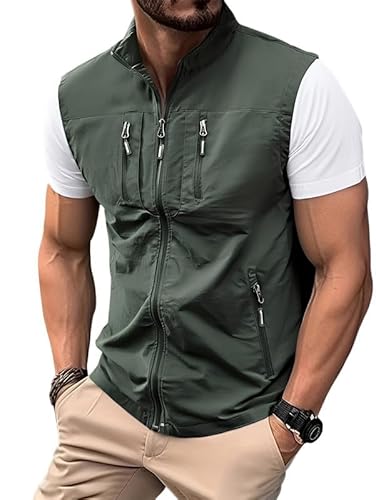 Oanviso Outdoor Weste Herren Sommer Leicht Freizeitweste Ärmellos Cargo Dünne Arbeitsweste Softshell Sportweste Atmungsaktiv Für Camping Angeln Jagd Fotografie Multifunktionsweste A Militärgrün XL von Oanviso