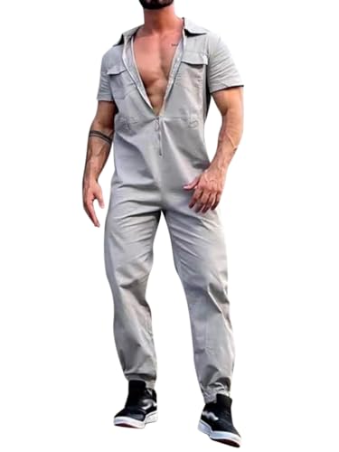 Oanviso Overalls Herren Einteiliges One-piece Sommer Jumpsuit Einfarbig Set Kurzarm mit Reißverschluss Hose Lang mit Taschen Mode Casual Overall Hemd mit Revers E Grau M von Oanviso