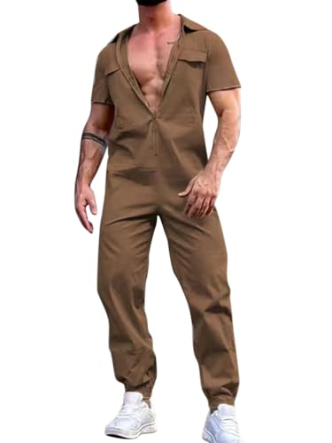 Oanviso Overalls Herren Einteiliges One-piece Sommer Jumpsuit Einfarbig Set Kurzarm mit Reißverschluss Hose Lang mit Taschen Mode Casual Overall Hemd mit Revers E Kaffee 3XL von Oanviso