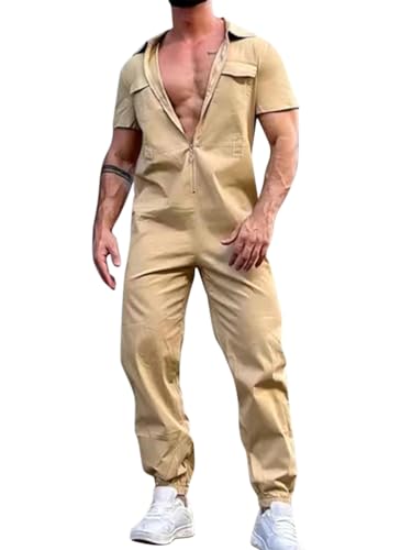 Oanviso Overalls Herren Einteiliges One-piece Sommer Jumpsuit Einfarbig Set Kurzarm mit Reißverschluss Hose Lang mit Taschen Mode Casual Overall Hemd mit Revers E Khaki XL von Oanviso