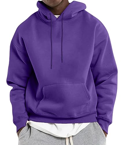 Oanviso Oversize Kapuzenpullover für Herren Kapuzen mit Kordelzug Sweatshirt Lässig Fitness Hoodie Basic Einfarbiger Sweatshirt Paar Sportbekleidung Langarm Kängurutasche Tops A Lila L von Oanviso