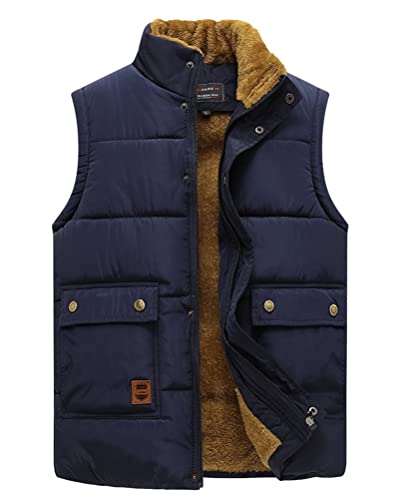 Oanviso Plüschweste Herren Stehkragen Ärmellos Weste Jacke Thermo Freizeitweste mit Reißverschluss Einfarbig Steppweste Multiple Pockets Übergangsjacke Vintage Arbeitsweste Winterwesten A Blau XXL von Oanviso