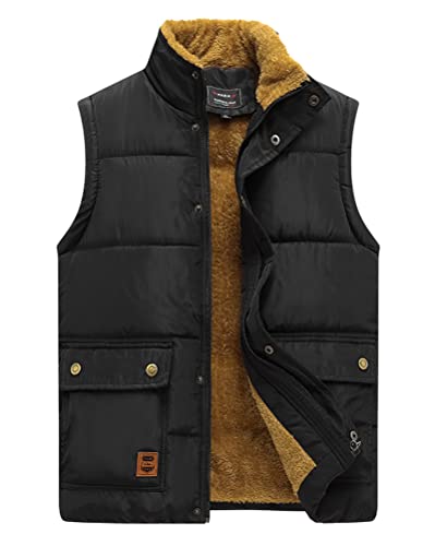 Oanviso Plüschweste Herren Stehkragen Ärmellos Weste Jacke Thermo Freizeitweste mit Reißverschluss Einfarbig Steppweste Multiple Pockets Übergangsjacke Vintage Arbeitsweste Winterwesten A Schwarz 3XL von Oanviso