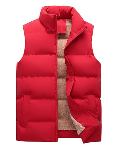 Oanviso Plüschweste Herren Stehkragen Ärmellos Weste Jacke Thermo Freizeitweste mit Reißverschluss Einfarbig Steppweste Multiple Pockets Übergangsjacke Vintage Arbeitsweste Winterwesten E Rot XL von Oanviso