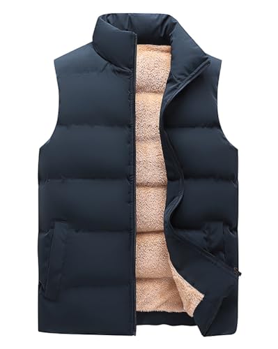 Oanviso Plüschweste Herren Stehkragen Ärmellos Weste Jacke Thermo Freizeitweste mit Reißverschluss Einfarbig Steppweste Multiple Pockets Übergangsjacke Vintage Arbeitsweste Winterwesten F Blau M von Oanviso