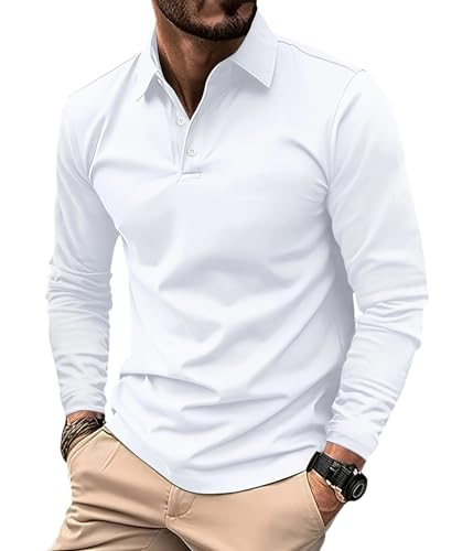 Oanviso Polo Shirt Langarm Herren Langarmshirt Henley-Ausschnitt Sport Freizeit Pullover Dünn Leicht Sweatshirt T-Shirt Basic Poloshirt Polohemd Shirt Klassisch Tshirt Hemd A Weiß XS von Oanviso