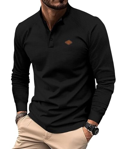 Oanviso Poloshirt Herren Langarm Shirt Basic Modern Polo Waffel Langarmshirt Mit Knöpfen Polohemd Pullover Herbst Winter Freizeit Sport Golf Sweatshirt Casual T-Shirts Hemd Schwarz XL von Oanviso