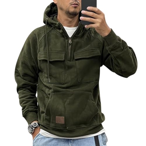 Oanviso Pullover Herren Cargo Hoodie Winter Pullover mit Kapuze Outdoor Warme Dicker Kapuzenpullover Winddichte Herbst Vintage Pullover Mit Reißverschluss A Grün L von Oanviso