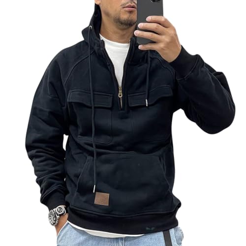 Oanviso Pullover Herren Cargo Hoodie Winter Pullover mit Kapuze Outdoor Warme Dicker Kapuzenpullover Winddichte Herbst Vintage Pullover Mit Reißverschluss A Schwarz 3XL von Oanviso