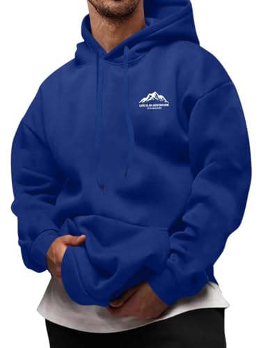Oanviso Pullover Herren Hoodie Herbst Winter Sweatshirts Minimalistischer Berg Slogan Muster Tasche Kordelzug Kapuzenpullover A-Königsblau M von Oanviso