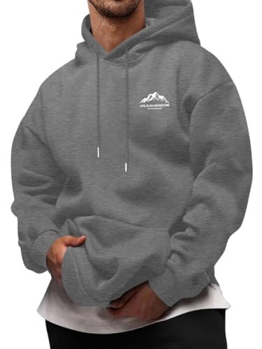 Oanviso Pullover Herren Hoodie Herbst Winter Sweatshirts Minimalistischer Berg Slogan Muster Tasche Kordelzug Kapuzenpullover A-dunkelgrau L von Oanviso