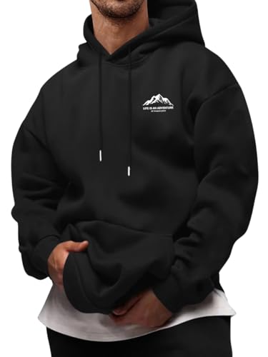 Oanviso Pullover Herren Hoodie Herbst Winter Sweatshirts Minimalistischer Berg Slogan Muster Tasche Kordelzug Kapuzenpullover A-schwarz M von Oanviso