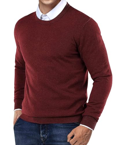 Oanviso Pullover Herren Strickpullover mit Rundhalsausschnitt Feinstrick Sweater Langarm Elegant Herbst Pulli Einfarbig Pullover Slim Fit für Männer A Dunkelrot XL von Oanviso