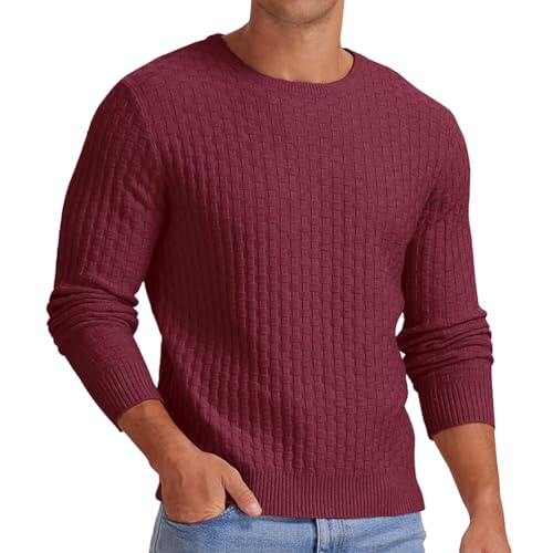 Oanviso Pullover Rundhalsausschnitt Herren Langarm Strickpullover Einfarbig Twisted Sweatshirt Casual Outdoor Pulli Winter Arbeitspullover Bequem Strickpullover Warmer Sweater A Rot XS von Oanviso