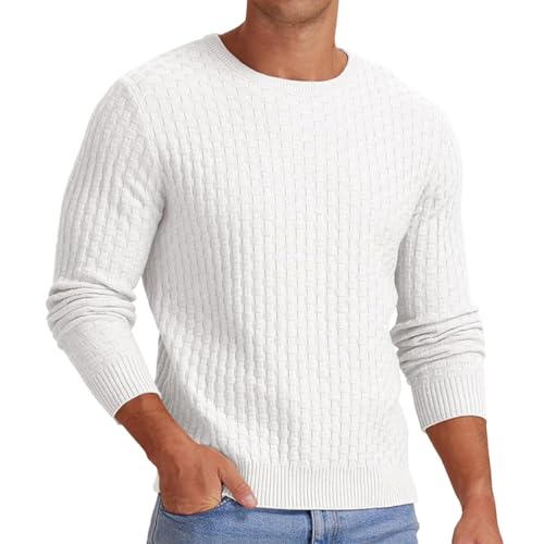 Oanviso Pullover Rundhalsausschnitt Herren Langarm Strickpullover Einfarbig Twisted Sweatshirt Casual Outdoor Pulli Winter Arbeitspullover Bequem Strickpullover Warmer Sweater A Weiß XS von Oanviso
