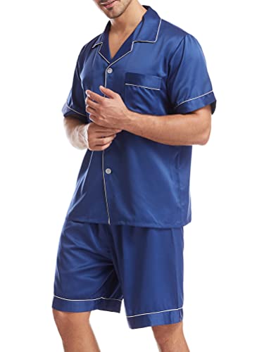 Oanviso Pyjama Set für Herren Satin Schlafanzug Shorty Hausanzug Zweiteiliger Nachtwäsche mit Knopfleiste Kurzarm Seidensatin Loungewear Weich Sommer Pyjamas V Neck A Blau S von Oanviso