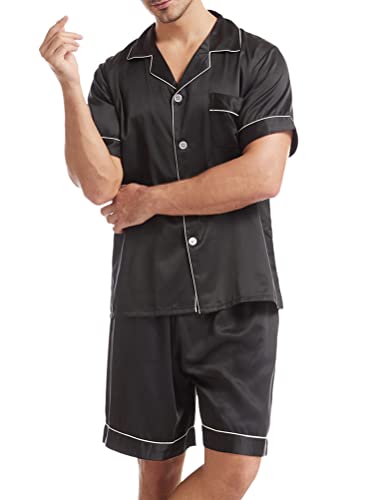 Oanviso Pyjama Set für Herren Satin Schlafanzug Shorty Hausanzug Zweiteiliger Nachtwäsche mit Knopfleiste Kurzarm Seidensatin Loungewear Weich Sommer Pyjamas V Neck A Schwarz L von Oanviso