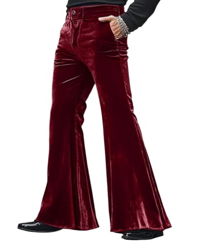 Oanviso Schlaghose Samt Herren Weiche Lange Hose Modern Herbst Winter Schlag Hosen Comfort Fit Velour Ausgestellte Anzughose Business Disco Elegante Samthose Glockenhose Rotwein S von Oanviso