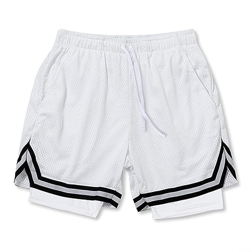 Oanviso Shorts Basketball Herren Kurze Hose Elastische Sports Shorts Sommer Shorts Loose Classic Basketball Trainingsshorts mit Taschen Casual Laufshorts Jogging Netzgewebe Atmungsaktiv E Weiß XL von Oanviso