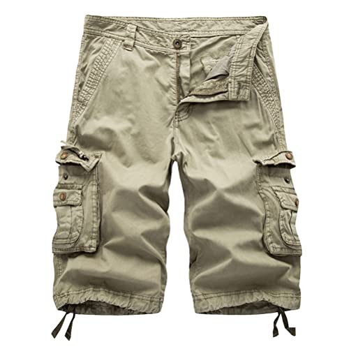 Oanviso Sommer Herrenshorts Multi-Taschen Cargo Shorts Einfarbig Outdoor Shorts Freizeithose Vintage Klassisch Chino Kurz Hose Jogger Shorts Saum mit Kordelzug Knielänge Arbeitshose A Khaki XXL von Oanviso