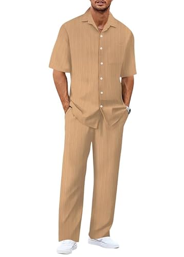 Oanviso Sommer Outfit Herren Zweiteiler Leichter Dünner Freizeitanzug Sommeranzug Regular Fit Freizeit Kurzarm Hemd und Lange Hose Set Strand Kleidung Stoff Jogginganzug Khaki L von Oanviso