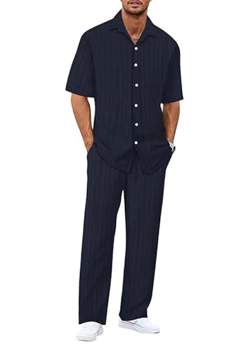 Oanviso Sommer Outfit Herren Zweiteiler Leichter Dünner Freizeitanzug Sommeranzug Regular Fit Freizeit Kurzarm Hemd und Lange Hose Set Strand Kleidung Stoff Jogginganzug Marineblau M von Oanviso