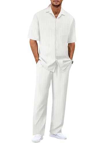 Oanviso Sommer Outfit Herren Zweiteiler Leichter Dünner Freizeitanzug Sommeranzug Regular Fit Freizeit Kurzarm Hemd und Lange Hose Set Strand Kleidung Stoff Jogginganzug Weiß L von Oanviso