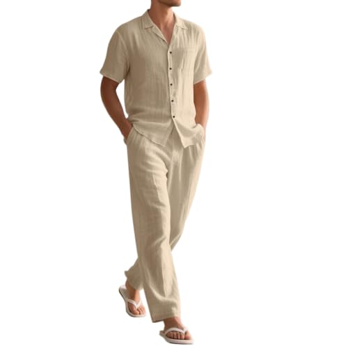 Oanviso Streatwear Trainingsanzüge Leinen Herren 2 Teiliges Outfit Kurzarm Hemd + Langarm Hosen Sommer Set Männer Sweatshirt und Strandhose A Khaki L von Oanviso