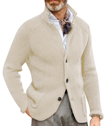 Oanviso Strickjacke Herren Cardigan mit Langen Ärmeln Stehkragen Casual Strick Mantel mit Knopf und Taschen Gestrickte Pullover Herbst und Winter Sweater Jacke A Beige L von Oanviso