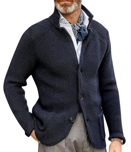 Oanviso Strickjacke Herren Cardigan mit Langen Ärmeln Stehkragen Casual Strick Mantel mit Knopf und Taschen Gestrickte Pullover Herbst und Winter Sweater Jacke A Dunkelblau XXL von Oanviso