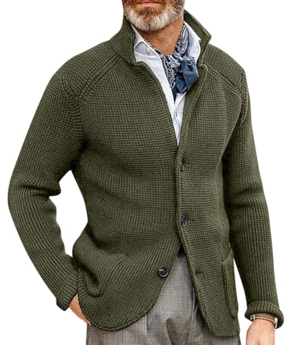 Oanviso Strickjacke Herren Cardigan mit Langen Ärmeln Stehkragen Casual Strick Mantel mit Knopf und Taschen Gestrickte Pullover Herbst und Winter Sweater Jacke A Dunkelgrün XS von Oanviso