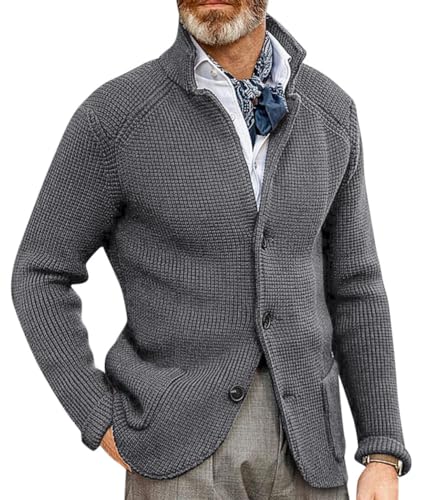 Oanviso Strickjacke Herren Cardigan mit Langen Ärmeln Stehkragen Casual Strick Mantel mit Knopf und Taschen Gestrickte Pullover Herbst und Winter Sweater Jacke A Grau XS von Oanviso