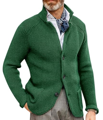Oanviso Strickjacke Herren Cardigan mit Langen Ärmeln Stehkragen Casual Strick Mantel mit Knopf und Taschen Gestrickte Pullover Herbst und Winter Sweater Jacke A Grün XL von Oanviso