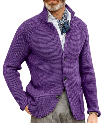 Oanviso Strickjacke Herren Cardigan mit Langen Ärmeln Stehkragen Casual Strick Mantel mit Knopf und Taschen Gestrickte Pullover Herbst und Winter Sweater Jacke A Lila S von Oanviso