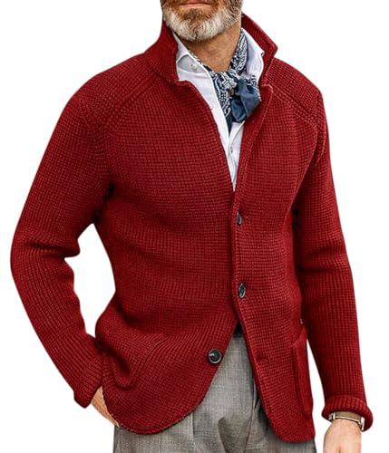 Oanviso Strickjacke Herren Cardigan mit Langen Ärmeln Stehkragen Casual Strick Mantel mit Knopf und Taschen Gestrickte Pullover Herbst und Winter Sweater Jacke A Rot XL von Oanviso