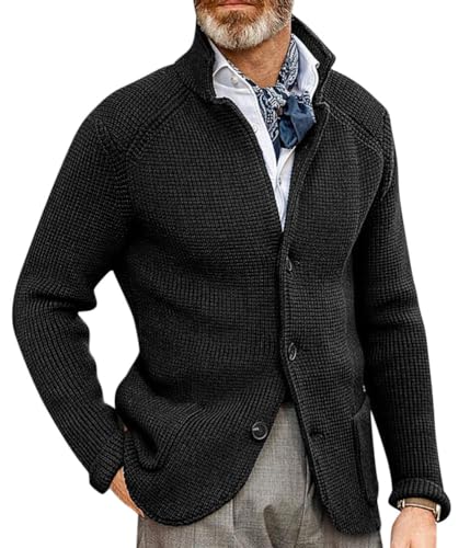 Oanviso Strickjacke Herren Cardigan mit Langen Ärmeln Stehkragen Casual Strick Mantel mit Knopf und Taschen Gestrickte Pullover Herbst und Winter Sweater Jacke A Schwarz XS von Oanviso
