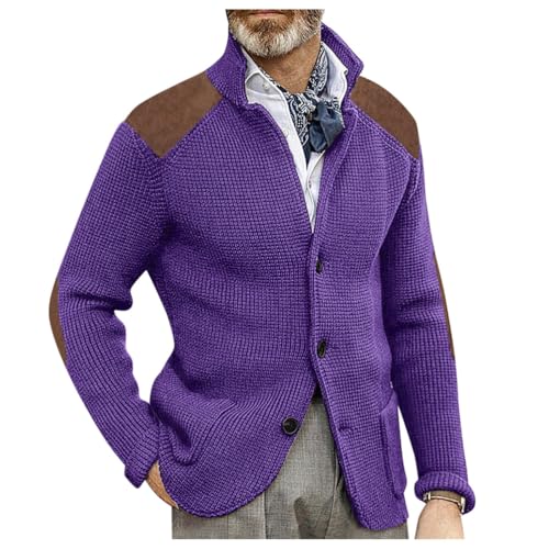 Oanviso Strickjacke Herren Cardigan mit Langen Ärmeln Stehkragen Casual Strick Mantel mit Knopf und Taschen Gestrickte Pullover Herbst und Winter Sweater Jacke B Lila L von Oanviso