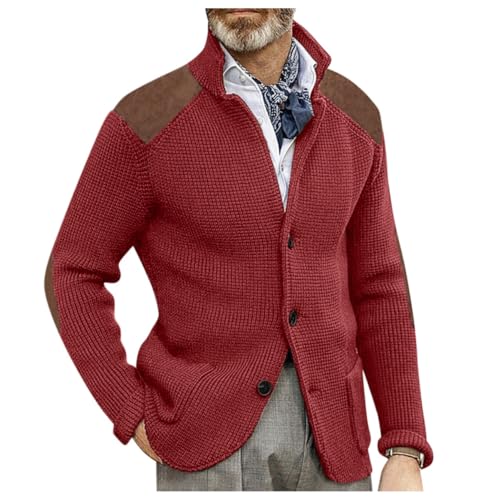 Oanviso Strickjacke Herren Cardigan mit Langen Ärmeln Stehkragen Casual Strick Mantel mit Knopf und Taschen Gestrickte Pullover Herbst und Winter Sweater Jacke B Rot XXL von Oanviso
