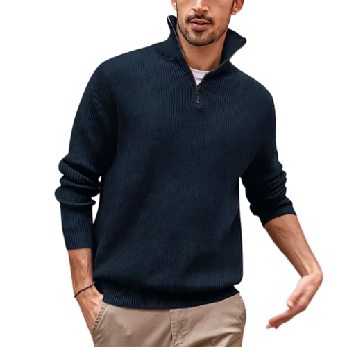 Oanviso Strickpullover Herren Sweatshirt Grobstrick mit Half Zip Strickjacke mit Stehkragen Pullover Casual Poloshirt Herbst Warme Polo Pullover Fleece für Männer A Dunkelblau M von Oanviso