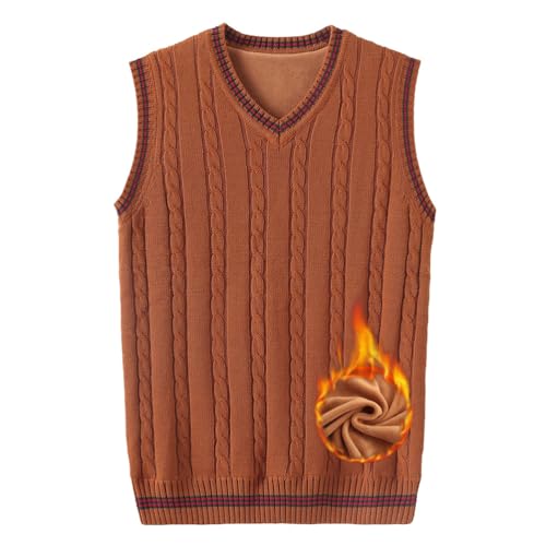 Oanviso Strickwesten für Herren Fleece-Fütterung Strickweste Grobstrick Pullunder Ärmellose Strickpullover Dicker Warm Weste mit V-Ausschnitt Winter Herrenweste B Braun 3XL von Oanviso