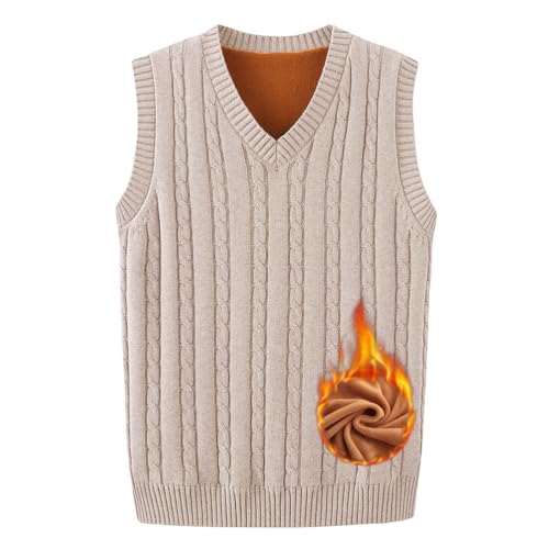 Oanviso Strickwesten für Herren Fleece-Fütterung Strickweste Grobstrick Pullunder Ärmellose Strickpullover Dicker Warm Weste mit V-Ausschnitt Winter Herrenweste D Aprikose L von Oanviso