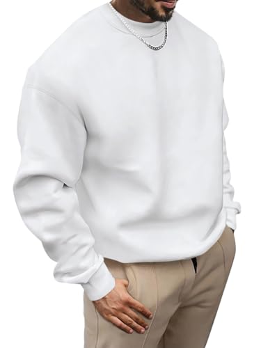 Oanviso Sweatshirt Herren Ohne Kapuze Winter Rundhals Pullover Basic Langarmshirts Freizeit Sport Shirt mit Rundhalsausschnitt A-weiß M von Oanviso